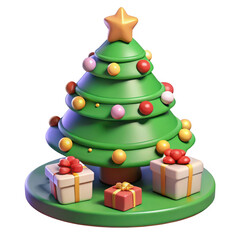Festive 3d christmas tree adorned with ornaments and wrapped gifts ready for holiday celebration transparent background