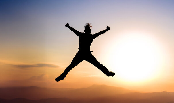 the energetic and enthusiastic state of a person who jumps, hops and skips in the air