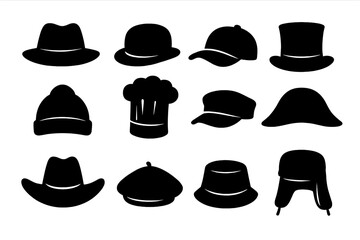 Hat silhouette icon set. Collection of diverse headwear. Vector graphic illustration of various hats like fedora, top hat, cap, beanie, cowboy and chef hat. Fashion accessory.