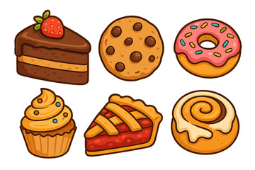 Delicious assortment of baked goods. Cartoon vector set of sweets and desserts. Chocolate cake slice, cookie, donut, cupcake, pie, cinnamon roll. Pastry shop icons collection.