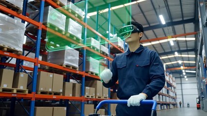 Asian Young Male Using Augmented Reality Glasses in Warehouse for Logistics Management - Powered by Adobe