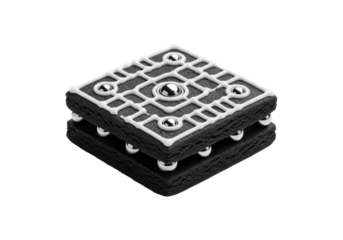 Precise charcoal shortbread biscuit, intricate white icing, silver ball bearings, on transparent, high-key studio light, Concept of modern culinary design and industrial aesthetics