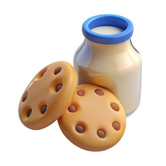 Delicious 3d rendered chocolate chip cookies and milk bottle with blue lid isolated transparent background