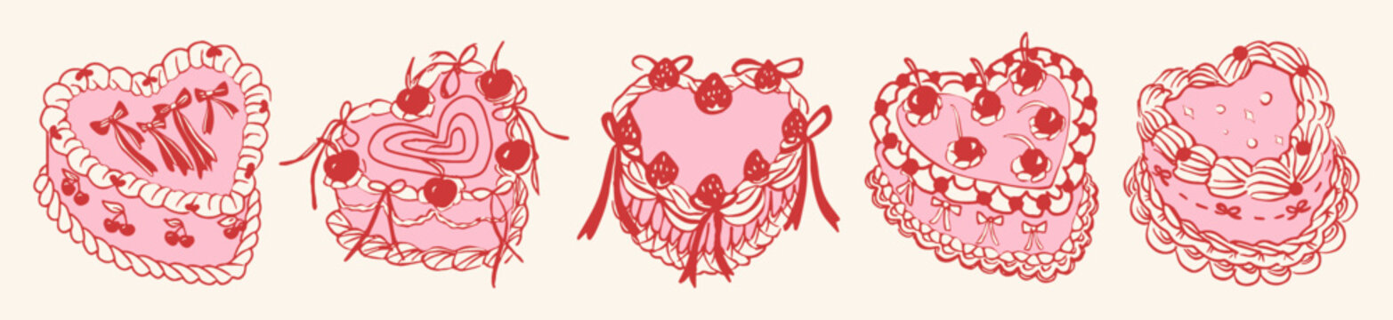 Set of Hand drawn coquette vintage heart shape cake with bows and ribbons. Cute girly illustration. Perfect for Valentines day, wedding invitation, birthday card.