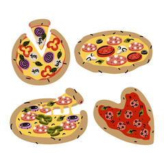variety of pizzas. Round, round with cut-off piece, heart-shaped pizza. Ready-to-eat pizza. Top view, side view, half-side view. Flat color illustration with doodle lines. Marketing Italian pizzeria