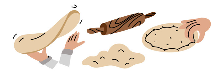 Pizza dough making set. chef's hands roll the dough with a rolling pin, shape the edges, and stretch it in the air. The pizza-making process. A flat color illustration with doodle lines. Food products