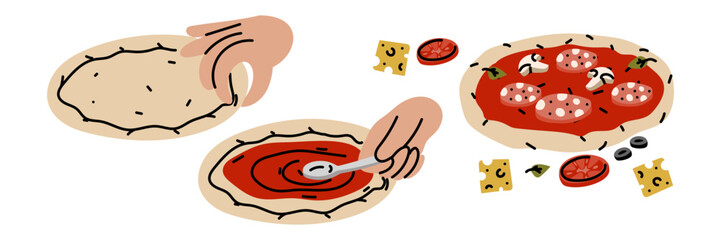 process of making pizza. The chef's hands make a crust for the dough, spread the sauce, and add the ingredients. The process of making pizza. A flat color illustration with doodle lines. Food products