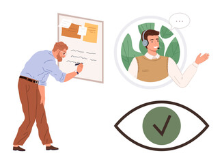 Person writing ideas on board, man in headset communicating via video call, and eye with checkmark symbolizing observation and validation. Ideal for teamwork, remote work, communication, planning
