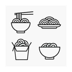 Set of noodle icons: bowl, plate, takeout box, and chopsticks