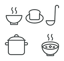 Minimalist cooking icons: bowl, bread, ladle, pot, soup