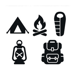 Camping icons: tent, campfire, sleeping bag, lantern, backpack symbols
