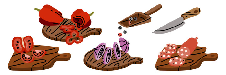 Sliced food on a wooden tray, knife, and spoon with spices. Sliced peppers, onions, tomatoes, and sausage. A variety of pizza toppings. A flat color illustration with doodle lines. Food products
