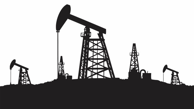 Silhouette of several oil derricks and pump jacks on a dark horizon against a white background scene |  editable eps vectors