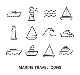 Marine travel icons collection featuring boats, lighthouses, and waves