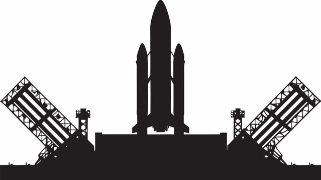 Silhouette of a space shuttle on a launchpad with support structures preparing for liftoff into outer space |  editable eps vectors