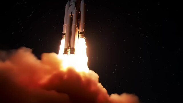 A powerful rocket launches into the night sky, leaving a trail of flames and smoke behind