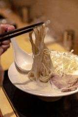 Creamy white broth ramen topped with slices of pork, shredded scallions, soy-marinated eggs, and seared meat, served in a white ceramic bowl
