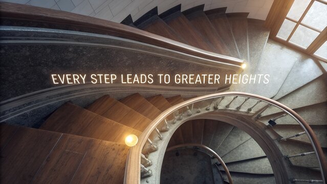 Inspirational message on spiral staircase promoting personal growth