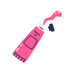 Bright pink paint tube without a cap with paint squeezed out. Hand drawn vector illustration.