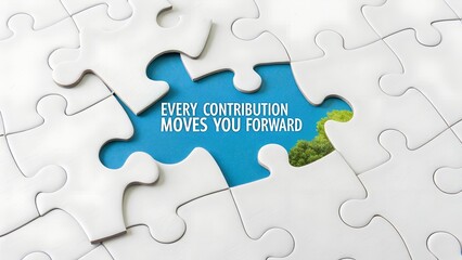 Fototapeta premium Puzzle Piece with Text About Contribution and Progress in Life