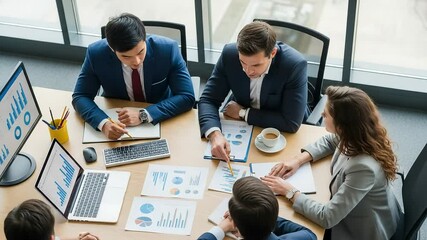 A diverse team of professionals collaborates around a table, analyzing financial data and reports during a business meeting - Powered by Adobe