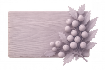 Wooden sign with berries and leaves, creating a natural and rustic design element on a transparent background