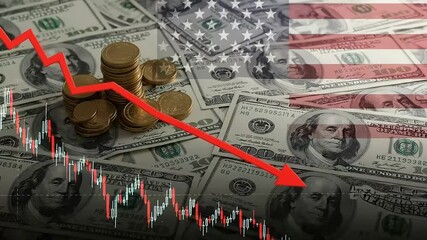 Economic recession concept with falling chart, dollar bills, and coins, illustrating financial crisis and market downturn in the united states