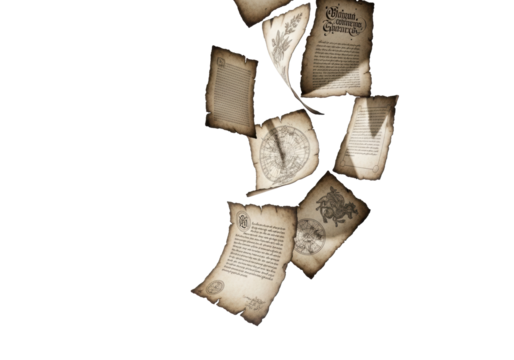 Multiple antique, sepia-toned parchment sheets with hand-torn edges, textured, faint script, faded illustrations, gently floating against a transparent background, concept of ancient wisdom
