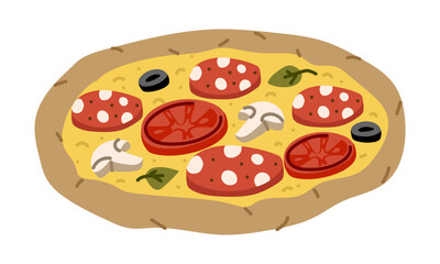 Ready round pizza half sideways. Special filling. Sausage, cheese, mushrooms, tomato, olives, spinach. Flat color illustration. Fast food in bright colors. Delicious food. Marketing for a pizzeria