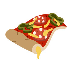 ready-made triangular pizza slice with a cheese border in curve. Filling. Sausage, cheese, tomato paste, green peppers. Flat color illustration. Fast food, homemade pizza. Marketing for a pizzeria.