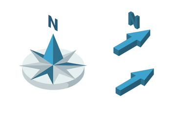 Isometric compass rose and north arrow icon set. 3D wind direction symbols for navigation and cartography. Vector graphic elements for maps, travel, and weather concepts.