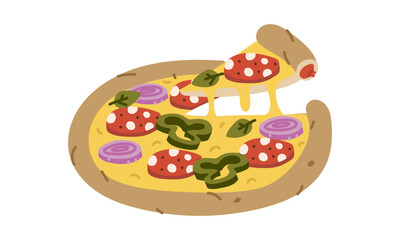 Ready round pizza half sideways with a cut piece stretched up. Special filling. Sausage, cheese, pepper, onion, spinach. Flat color illustration. Fast food, homemade pizza. Marketing for a pizzeria