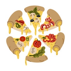 Ready made pizza slices in shape of circle. Toppings are varied. Sausage, cheese, tomato, shrimp, mushroom, pepper, olives, spinach. flat color illustration. Fast food, homemade pizza. Marketing