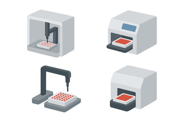 Laboratory automation isometric icon set. Liquid handler, robotic arm, microplate reader for scientific research. Biotech equipment for analysis and medical testing vector.