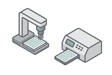 Isometric laboratory automation vector icons. Liquid handler robot arm and microplate reader for high-throughput screening. Science, biotech, and pharma research concept.