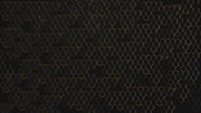 Abstract background 3D hexagonal honeycomb-like pattern glowing edges. Ideal for use of futuristic data visuals, sci-fi overlays, blockchain concepts, cybersecurity themes, or luxury tech aesthetics.