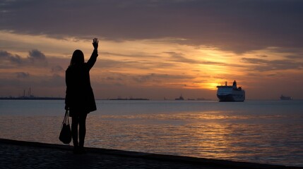 Goodbye Silhouette. Lonely Woman at Seaside Waving to Distant Ship with Sadness and Longing