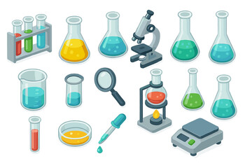 Isometric laboratory equipment icon set for science and research. Vector illustrations of microscope, flask, test tube for chemistry or biology experiment. Medical analysis.