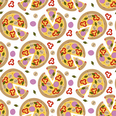 Pattern cooked round pizza with a triangular cut, with sausage filling. Special filling. Sausage, mozzarella, pepper, onion, spinach. Flat colored seamless texture. Ingredients are randomly arranged