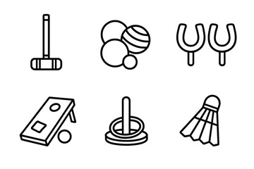 Lawn game outline icon set for summer fun. Vector collection of outdoor activities like croquet, bocce, horseshoes, cornhole, ring toss, and badminton. Simple line art.