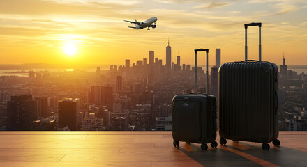 Travel suitcases with a cityscape view and airplane at sunset Image