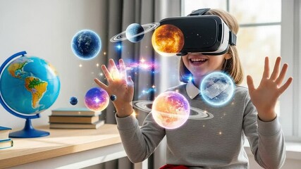 Excited young girl wearing a vr headset exploring planets and the solar system, experiencing virtual reality and augmented reality learning about space