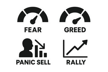 Market sentiment solid icon set. Fear and greed index meter for emotional stock trading. Investor psychology concept, panic sell, and market rally graph for finance analysis.