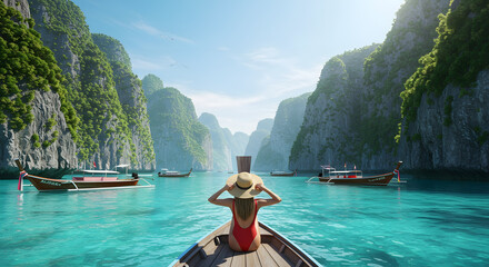Tropical Paradise Woman on Boat in Stunning Lagoon Image