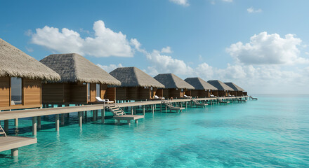 Overwater bungalows in a tropical paradise, crystal-clear turquoise waters image