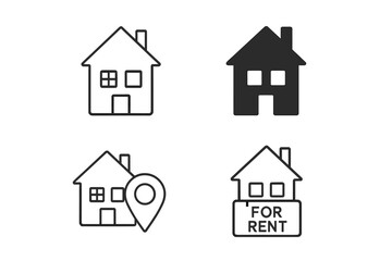 Real Estate Outline Icons Set of 4 &ndash; Flat and Silhouette Property Symbols, House for Rent, Location Marker, Residential Home Vector Illustration on Transparent Background