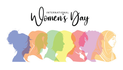 Celebrating international women s day with a diverse group of women s silhouettes in vibrant rainbow colors representing unity and equality