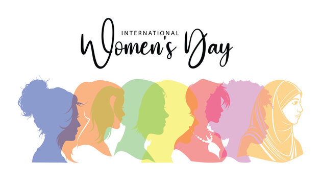 Celebrating international women s day with a diverse group of women s silhouettes in vibrant rainbow colors representing unity and equality