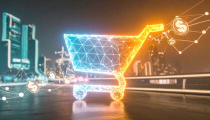 Glowing polygonal mesh forming a shopping cart shape in the center, connected to lines of abstract financial icons.