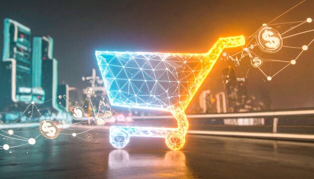 Glowing polygonal mesh forming a shopping cart shape in the center, connected to lines of abstract financial icons. - Powered by Adobe